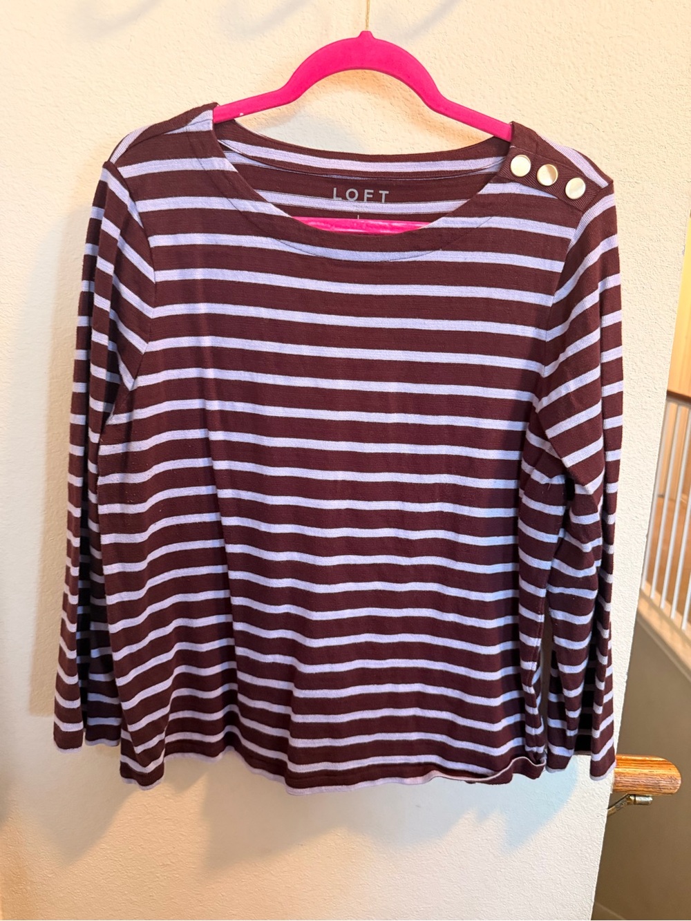 LOFT Burgundy and Light Blue Striped Long-Sleeve Button-Shoulder Top